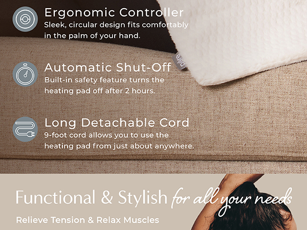 pure enrichment pure radiance heating pad ergonomic controller auto shut off long detachable cord