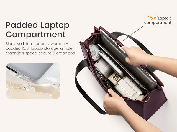 Multi-compartment tote bag with padded laptop sleeve and organized pockets for easy storage