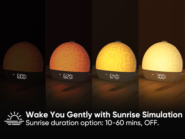 Text reads 'Wake You Gently with Sunrise Simulation' and 'Sunrise duration option: 10-60 mins, OFF.' Display showing gradual color progression from dark to bright.