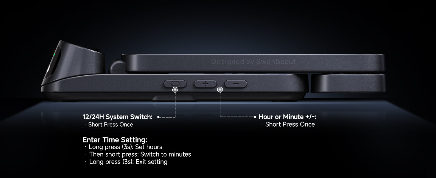 Dark product interface panel showing system switches and controls with labeled functions against black background.