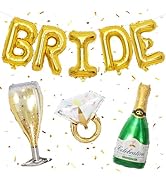 Bridal party decoration set featuring gold balloon letters spelling 'BRIDE', champagne glass, diamond ring balloon, and champagne bottle balloon with gold confetti.