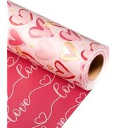 MAYPLUSS Pink Wrapping Paper, Heart Gift Wrap Paper Roll Reversible Love for Girl Women Anniversa...