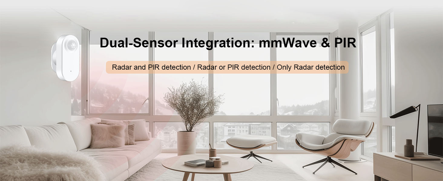 White sensor device with dual mmWave and PIR technology for radar and motion detection, shown in context of a modern living room setting.