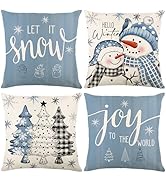 Ni-JASW Blue Snowman Tree Christmas Throw Pillow Covers 18x18 inch, Let It Snow Joy Holiday Winte...