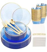 DaYammi 175PCS Clear Blue Gold Plastic Dinnerware Set for 25 Guests, Hammered Disposable Plates f...