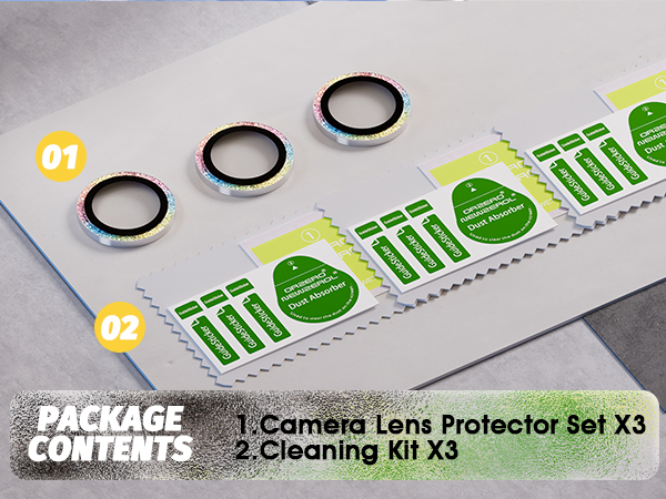 Text reads 'PACKAGE CONTENTS', '01 Camera Lens Protector Set X3', '02 Cleaning Kit X3'. Product layout showing camera lens protection accessories and cleaning supplies.