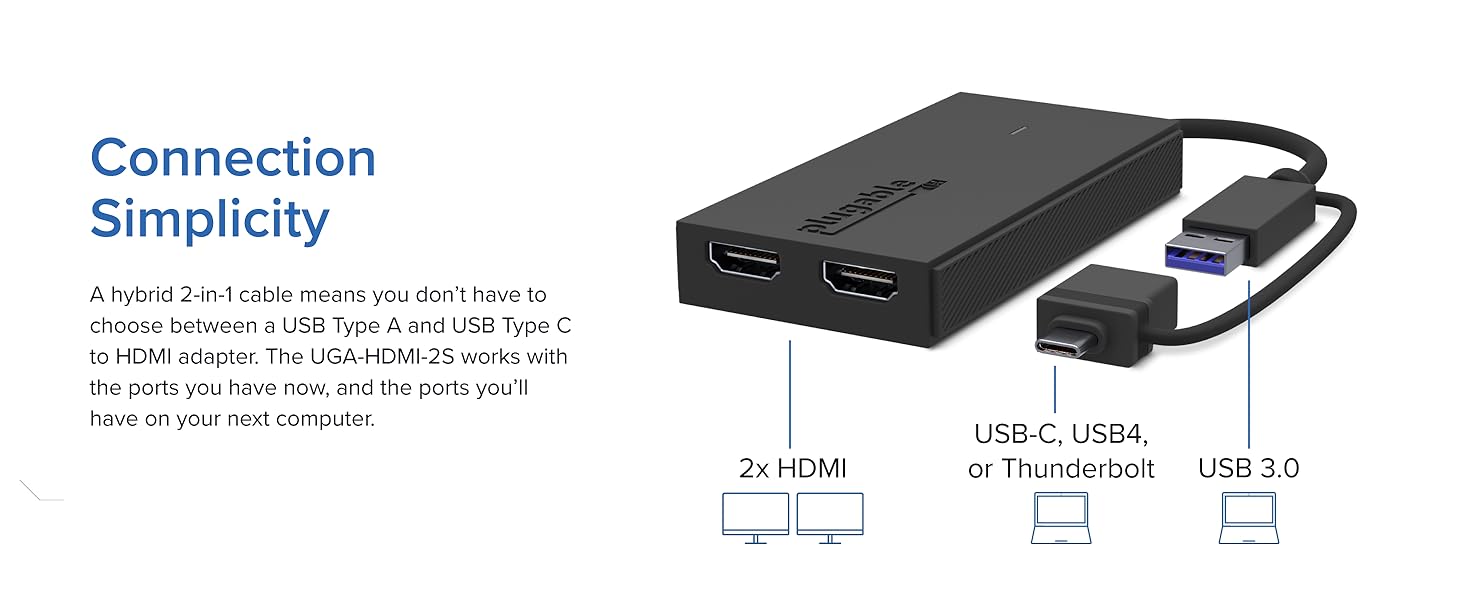 Connection Simplicity a hyrbid 2-in1 USB A and USB C to HDMI Adapter