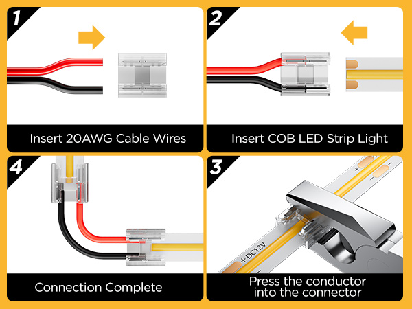 Four-panel instruction guide for connecting LED strip lights. Shows inserting cable wires, LED strip, pressing conductor into connector, and completed connection using quick-connect terminals.