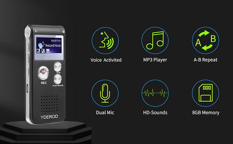 Digital Recorder with Voice Activited, MP3 Player, A-B Repeat, Dual Mic, HD-Sounds, 8GB Memory