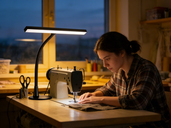 Warm-lit desk scene showing someone working at night with a desk lamp illuminating their workspace and papers.