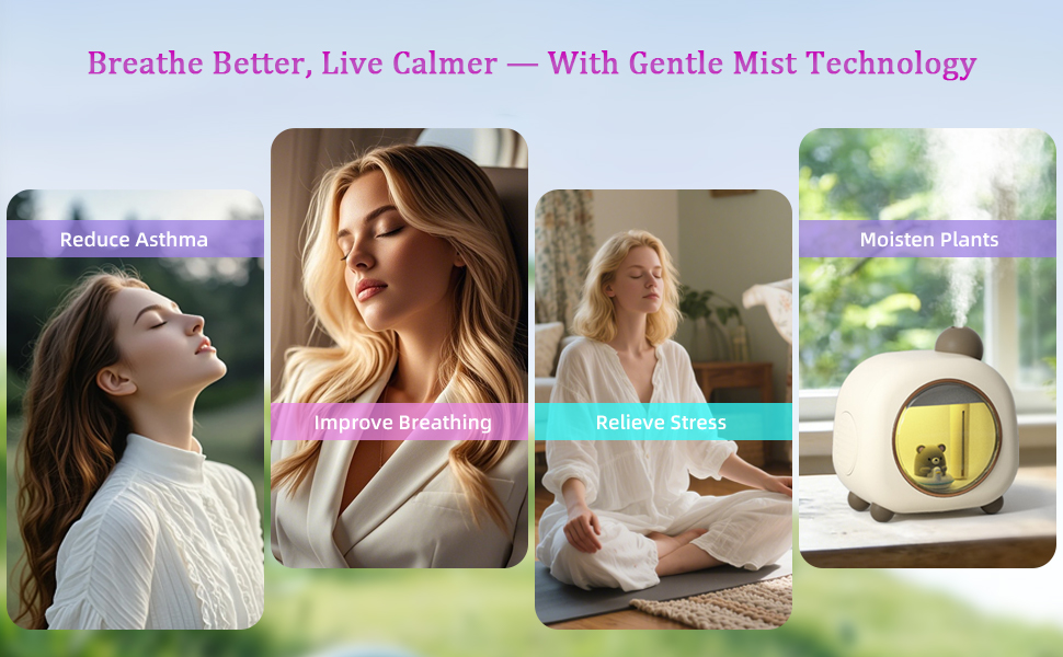 Relaxing scenes with a misting humidifier. Headline: “Breathe Better, Live Calmer.”