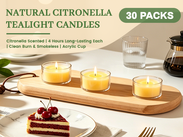 Citronella Tealight Candles, 30 Packs, 4 Hours Burn Time Each, Smokeless Clean Burn in Acrylic Cups