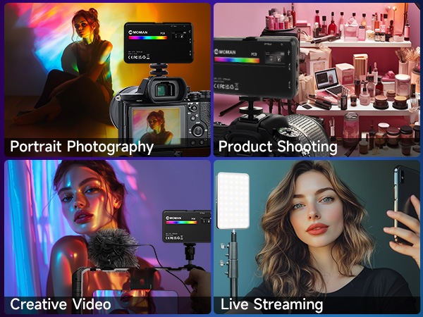Four-panel photography services display showing different photography styles: portrait, product, creative video, and live streaming setups.