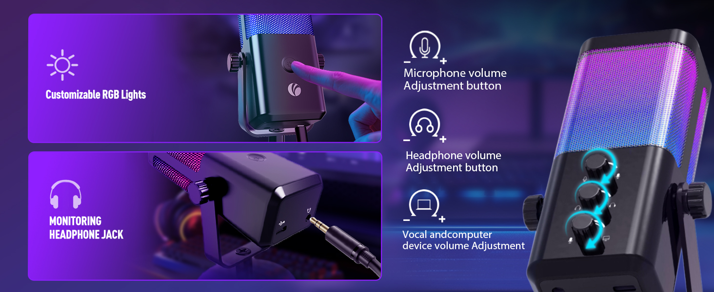 Multiple product shots of electronic devices and interfaces displayed with purple-tinted lighting and glowing screen elements.