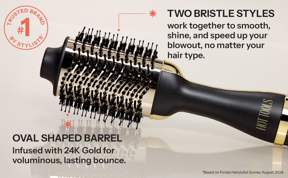 Oval Shapped Barrel for voluminous lasting bounce, Two bristle stles to speed up your blowout