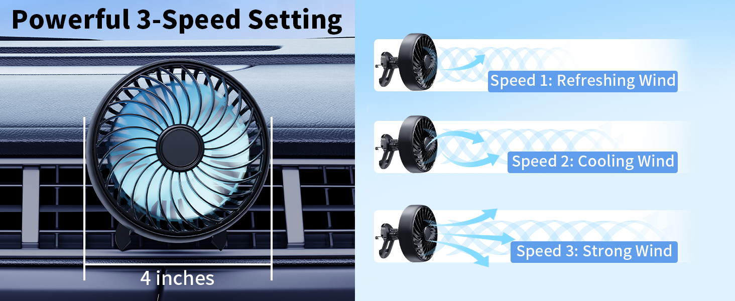 clip on car fan for car ac air vent has powerful 3 speed setting to quickly cool down your car