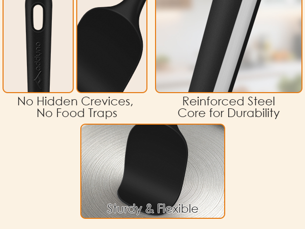 Silicone kitchen utensils with seamless design, reinforced steel core, and sturdy yet flexible heads