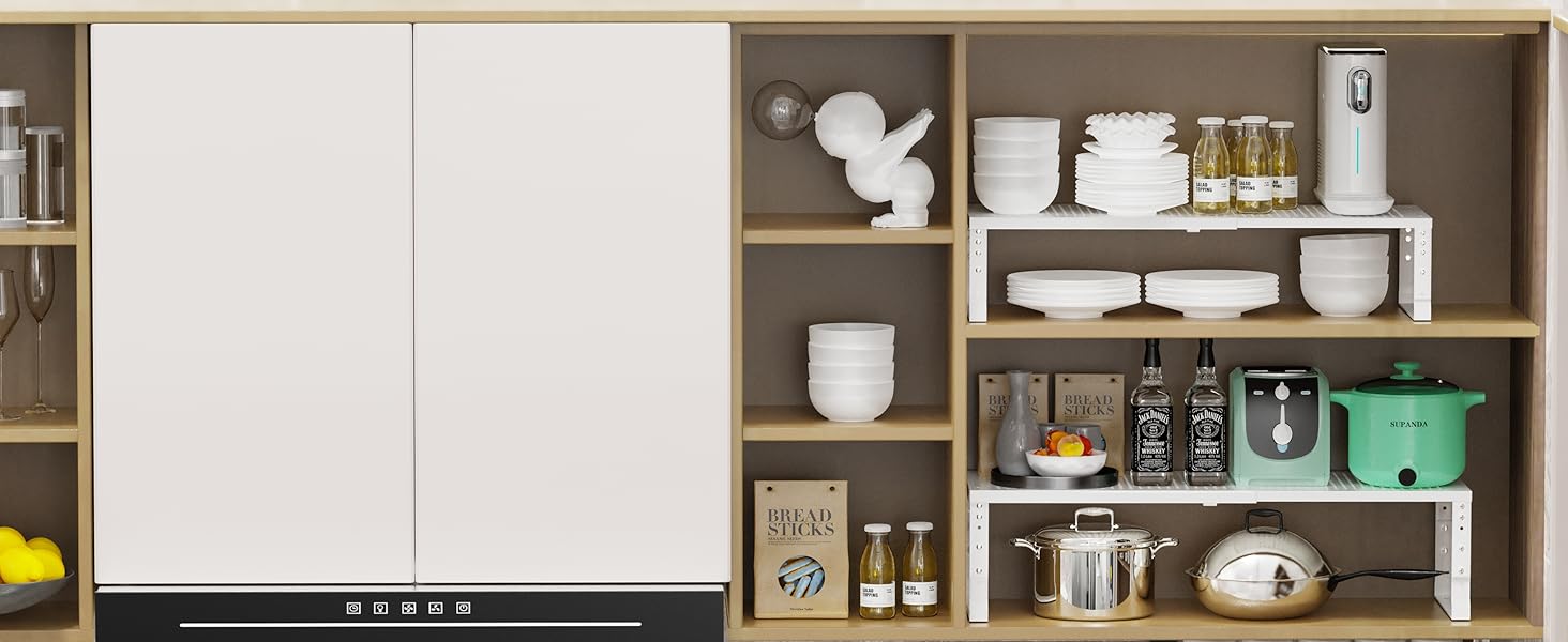 Expandable Kitchen Cabinet Shelf Organizers, Stackable Metal Pantry Storage Shelves Rack