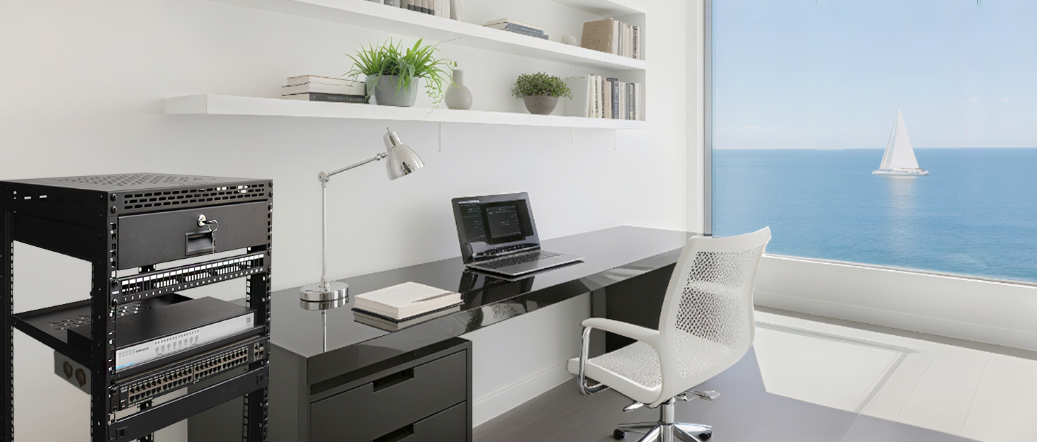 A sleek and modern workspace with the product mounted on the wall, surrounded by minimalist decor an