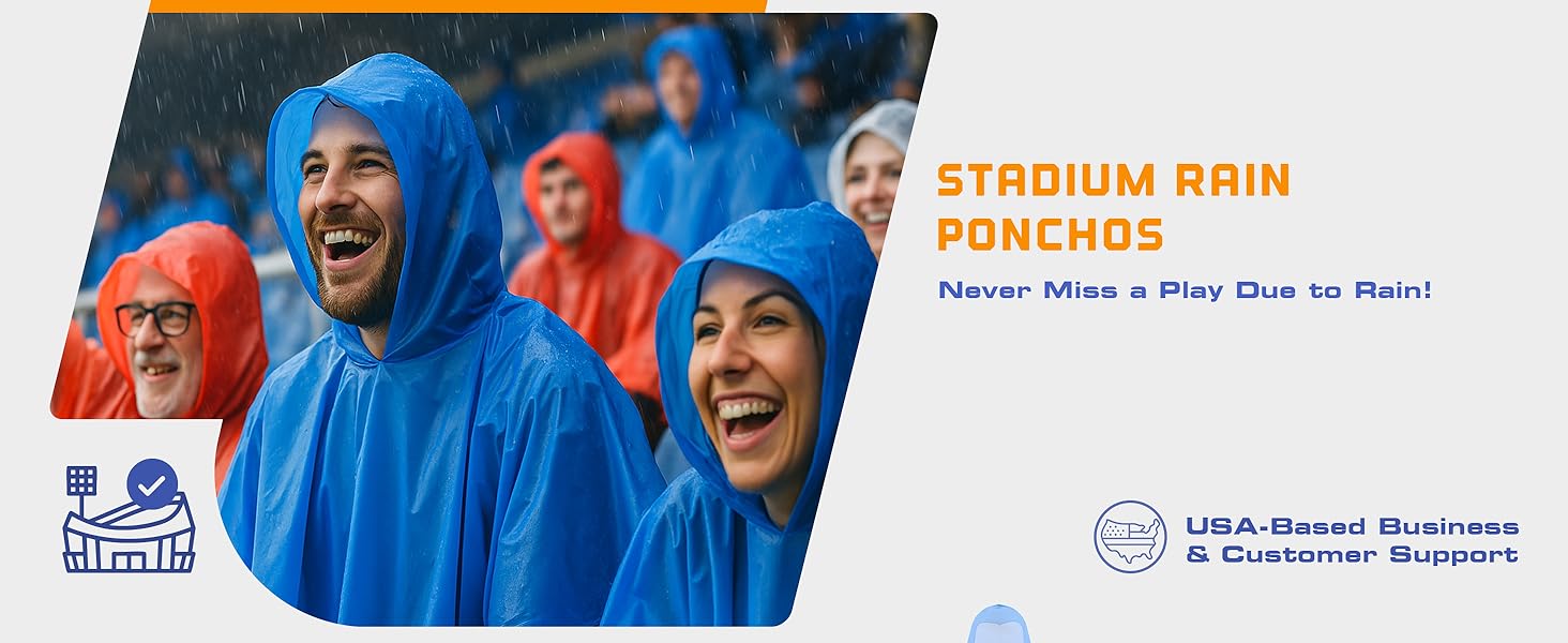 Fans wearing ponchos in a rainy stadium