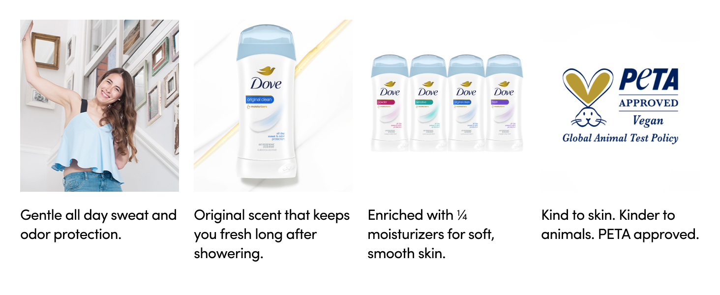 4 images: young woman, Dove Original Clean deodorant, full range of Dove&amp;#39;s deos, PETA Vegan logo.