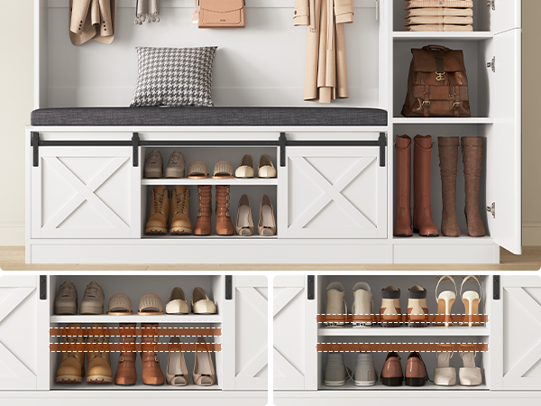 Hall Tree with Bench and Shoe Storage Entryway with Tall Mirror Farm House Barn Door
