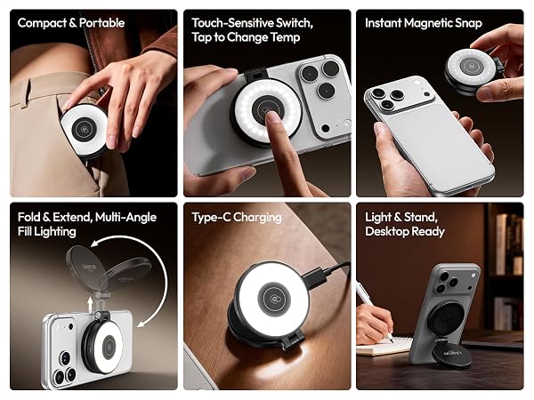 Six-panel product demonstration of phone ring light attachment showing compact design, touch controls, Type-C charging, and magnetic mounting features.