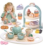 Atoylink Wooden Tea Party Set for Little Girls 28 Pcs Toddler Tea Set with Cupcake Stand &amp; Food P...