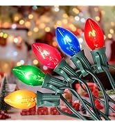 PASUTO 50FT C7 Multicolor Christmas Lights Outdoor String Lights with 54 Clear Colorful Bulbs (4 ...