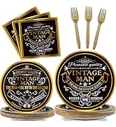 96 Pcs Vintage Man Party Supplies Paper Plates Napkins Vintage Theme Party Birthday Decorations F...
