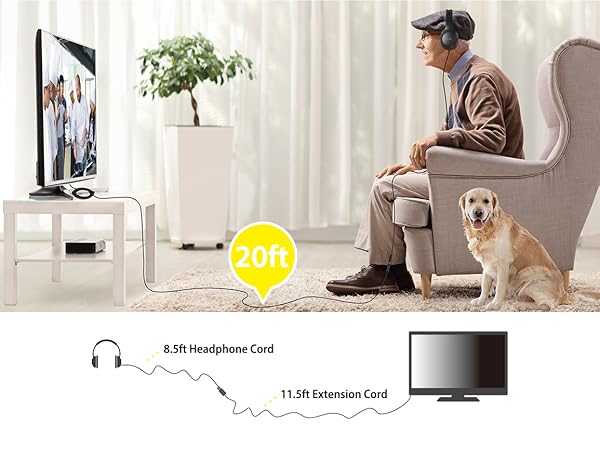 20FT Extra Long Cord Headphones for TV