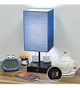 Sailstar Upgraded Table Lamps with USB C+A Charging Ports &amp; 2AC Outlets, Navy Blue Bedside Lamp f...