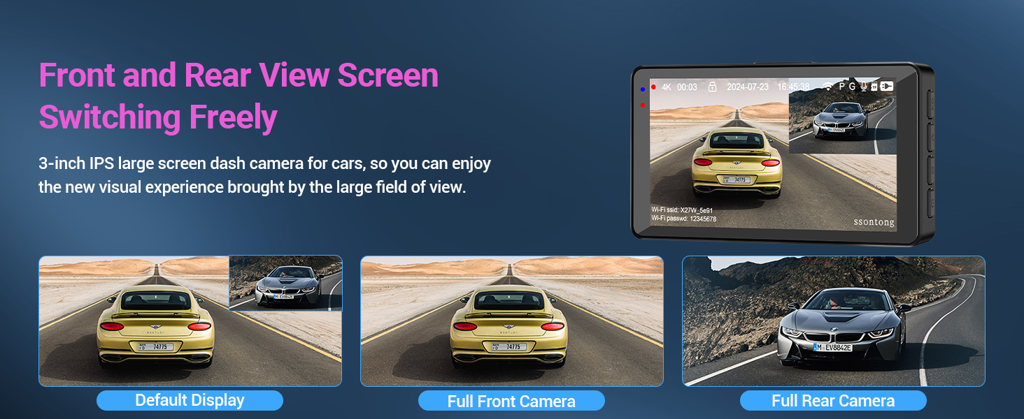 Dashboard display showing front and rear view camera options for a vehicle. Multiple images demonstrate switching between front and rear views while driving.