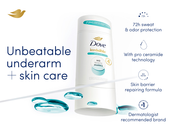 Dove's Invisible Sheer Cool antiperspirant stick next to product's benefits.