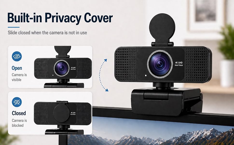 4K webcam with built-in privacy cover that slides closed when the camera is not in use
