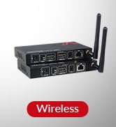 Black electronic device with multiple ports and antennas, labeled as 'Wireless' in red text below the image.