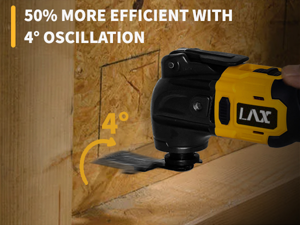 Yellow and black oscillating power tool with 4-degree oscillation, shown cutting wood. Text claims 50% more efficiency. Brand name 'LAX' visible on tool.