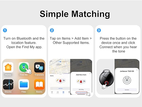 Text reads 'Simple Matching'. Mobile app interface tutorial screens showing Bluetooth connection steps with icons and instruction text for device pairing process.