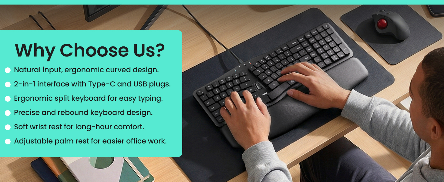 Ergonomic Keyboard Wired Split Design Palm Rest Volcano Keycaps Natural Typing Type C USB Plug