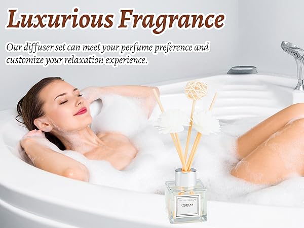 Text reads 'Luxurious Fragrance' and 'Our diffuser set can meet your perfume preference and customize your relaxation experience.' Shows reed diffuser bottle in bathtub setting.