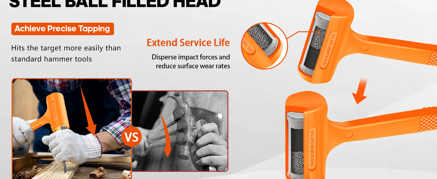 The 16oz deadblow hammer with the steel ball-filled hammer head increases striking force.