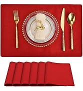 SLKQG Christmas Red Linen Fabric Placemats Set of 6, Heat Resistant &amp; Machine Washable Double-Lay...