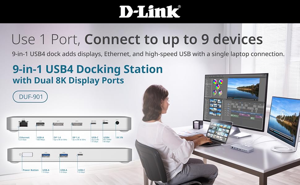 D-Link 9-in-1 USB4 Docking Station with Dual 8K Display Ports DUF-901