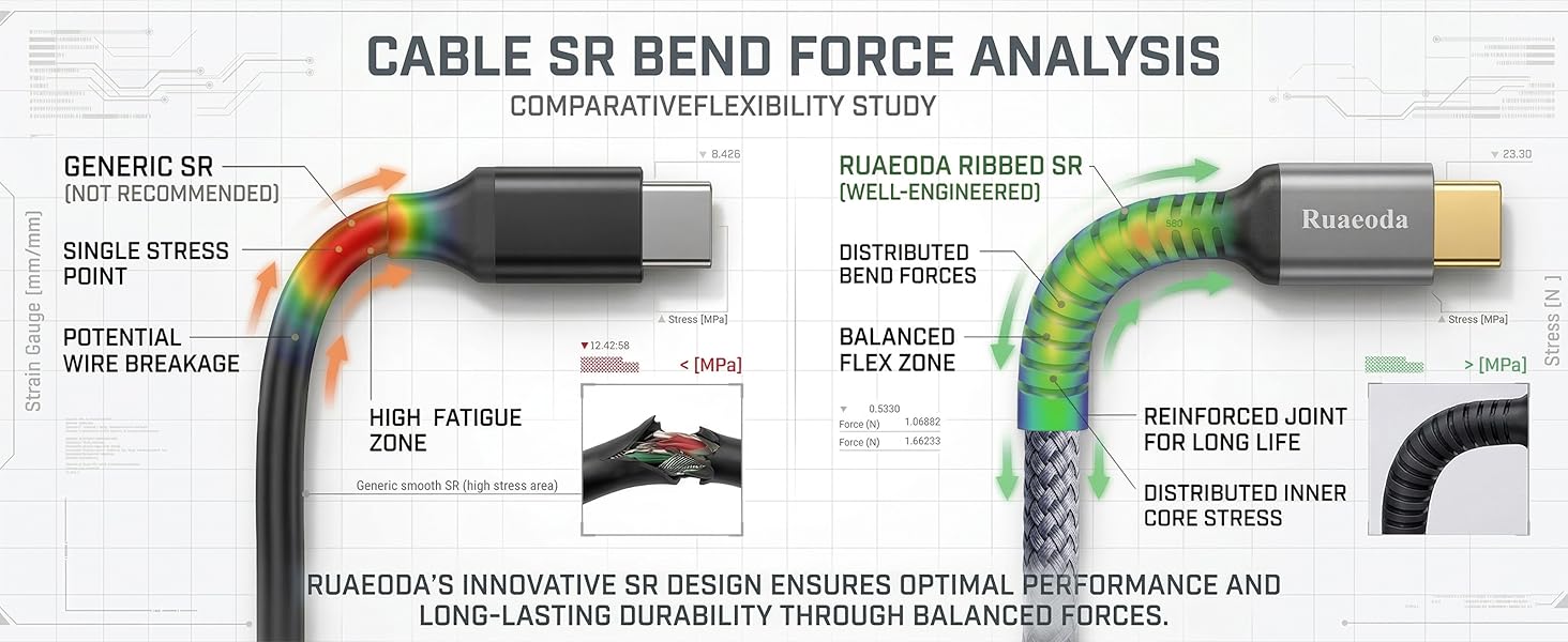 Strain Relief, bend forces, military-grade durability, 20,000+ bends.