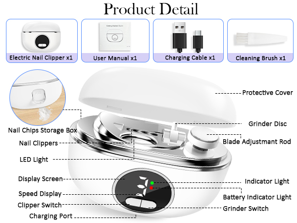 3-in-1 Electric Nail Clipper with 3-Speeds Setting and 0.8/1.6mm Dual Trimming Head