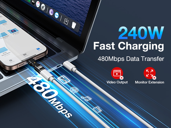 USB-C cable advertisement highlighting 240W fast charging, 480Mbps data transfer, video output, and monitor extension capabilities. Shows connected smartphone and laptop.