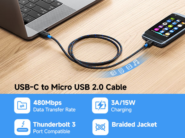Cable Matters braided usb c to micro usb cable for 480mbps data and 15w fast charging