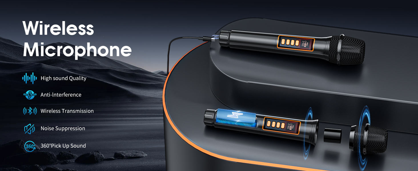 Text reads 'Wireless' and 'Microphone'. Product photo shows black wireless microphone with digital display, placed on dark surface with blue accent lighting.