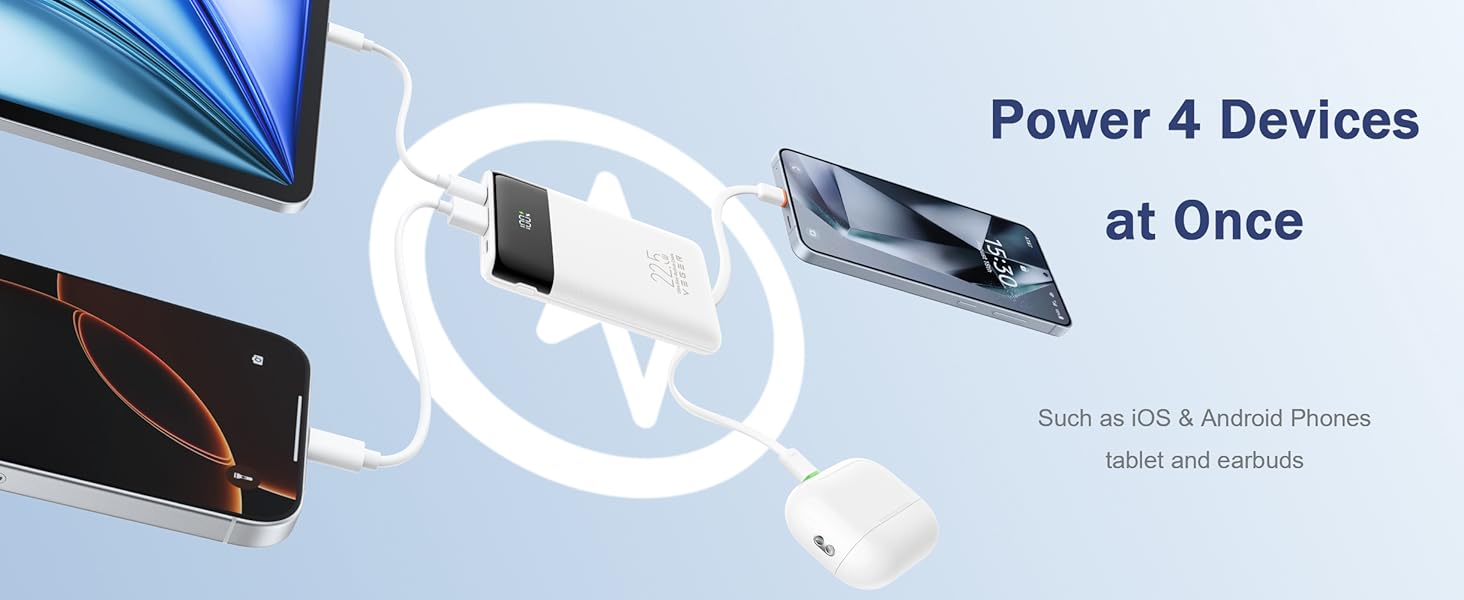 Power 4 devices at Once, such as iOS Android Phones tablet and earbuds simultaneously