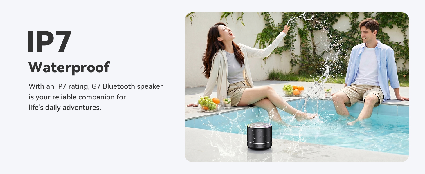 Text reads "IP7 Waterproof" followed by specification text. Shows waterproof speaker device next to photo of people using device poolside during outdoor activity in water environment.